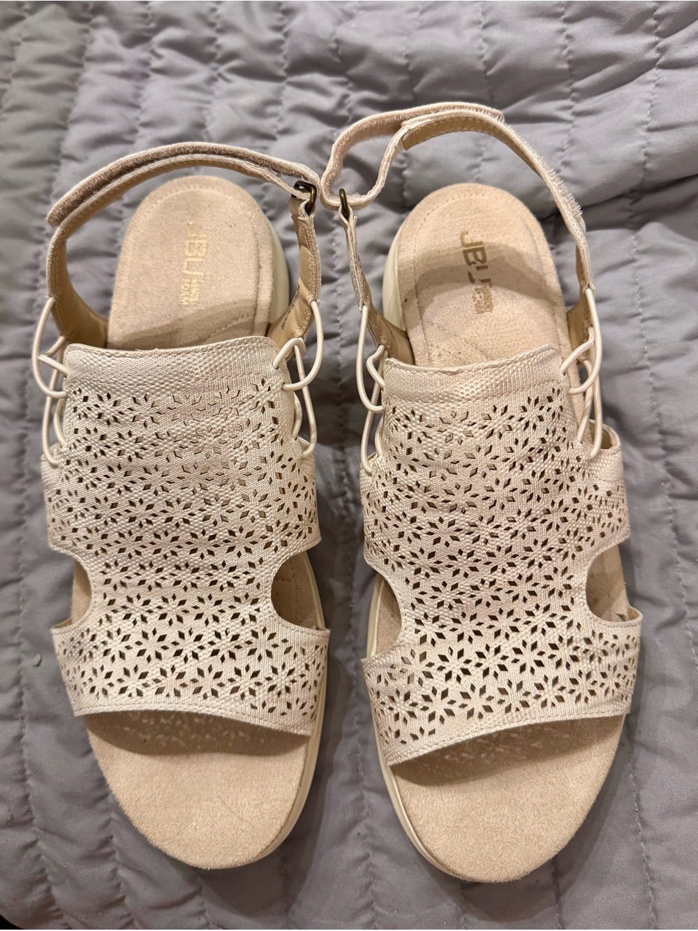 JBU Women's Beige Laser-Cut Slingback Sandals